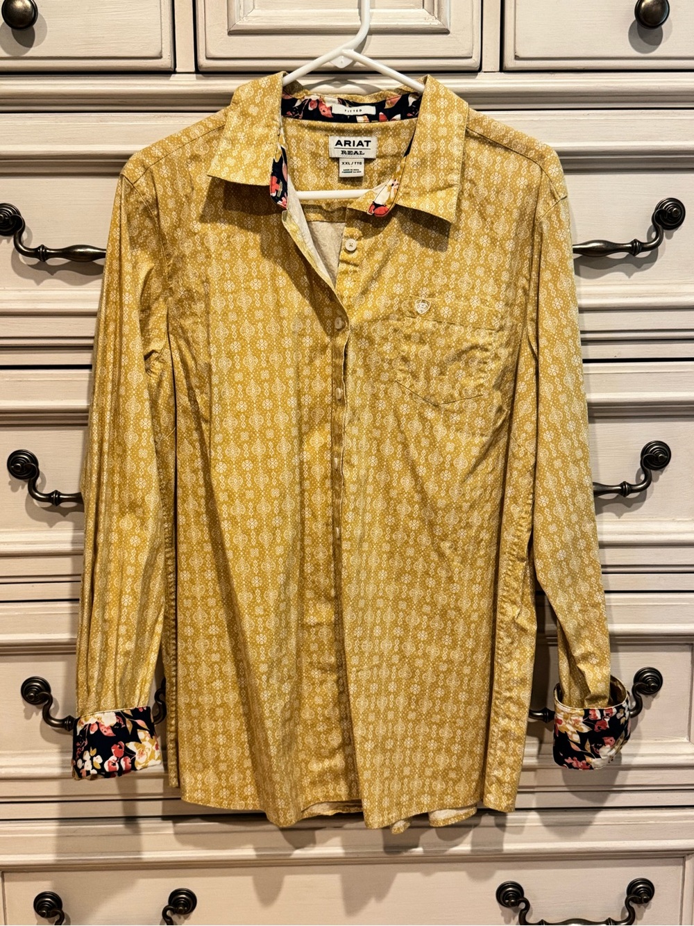 Ariat Mustard Yellow Geometric Print Button-Up with Floral Trim